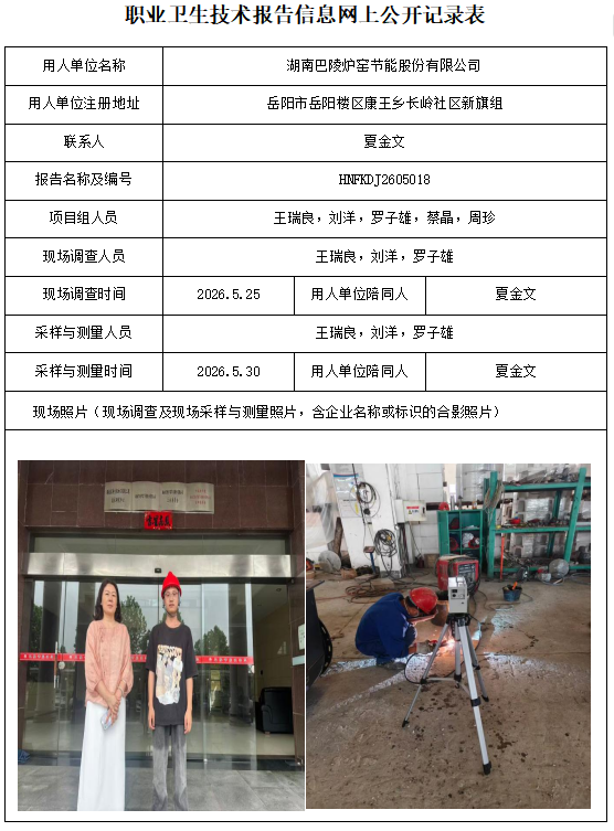 湖南巴陵炉窑节能股份有限公司职业病危害因素检测