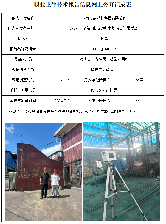湖南志荣锑业集团有限公司职业病危害因素检测